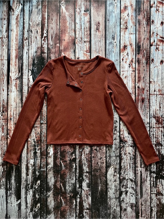 American Eagle Outfitters Tops - American Eagle Outfitters Rust Brown Ribbed Snap-Front Long Sleeve Top